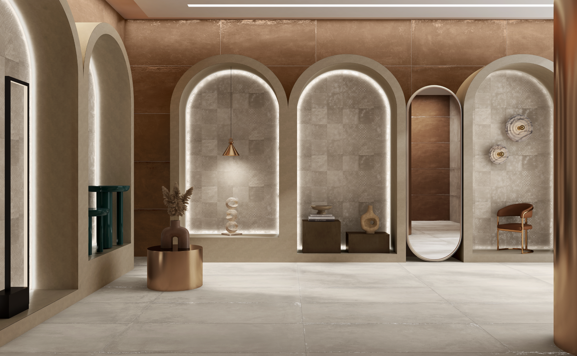 CarvoTech Iron surfaces lining an arched entrance hall, with oxidised metallic walls and a pale large-format floor